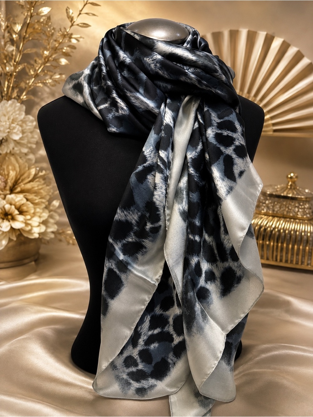 🆕🔥HOT BU!Elegant Navy & Grey Leopard Print Silk Scarf - Women Accessories